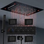 Matte Black LED Shower Head Panel Rain Waterfall Shower System Set Lateral Jet With Thermostatic Mixer Valve Diverter